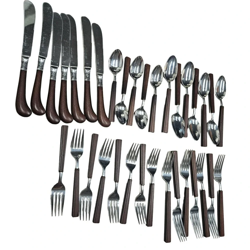 Vintage EKCO ETERNA Rare Shape Brown‎ Faux Wood Handle Flatware Forks 34 Pieces